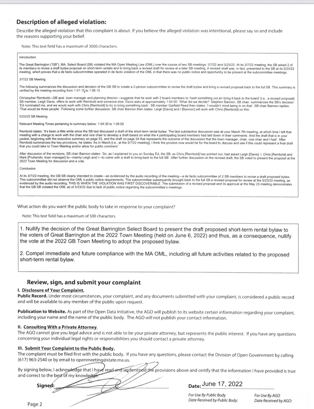 Open meeting law complaint Great Barrington